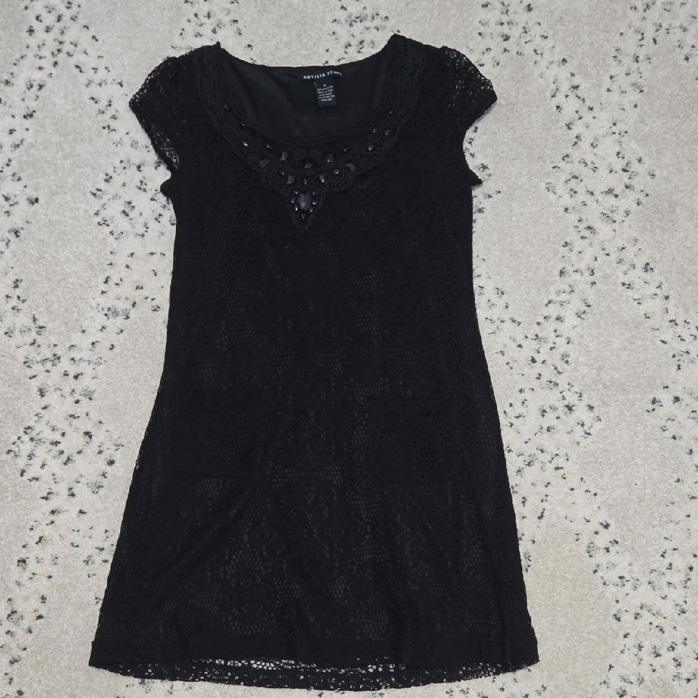 Antilia Femme Black Lace Midi Dress with Beaded Yoke